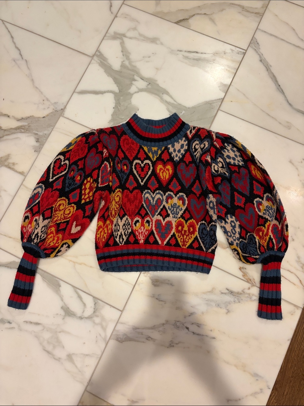FARM Rio Multicolor ilkat Heart-Pattern Puff-Sleeve Sweater XS rare